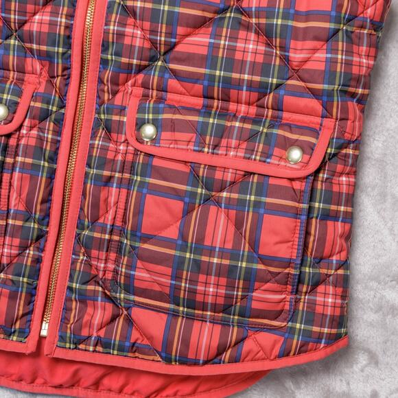 J. Crew Tartan Print Snap Pockets Red Blue Plaid Puffer Vest Womens Size M - Picture 10 of 14